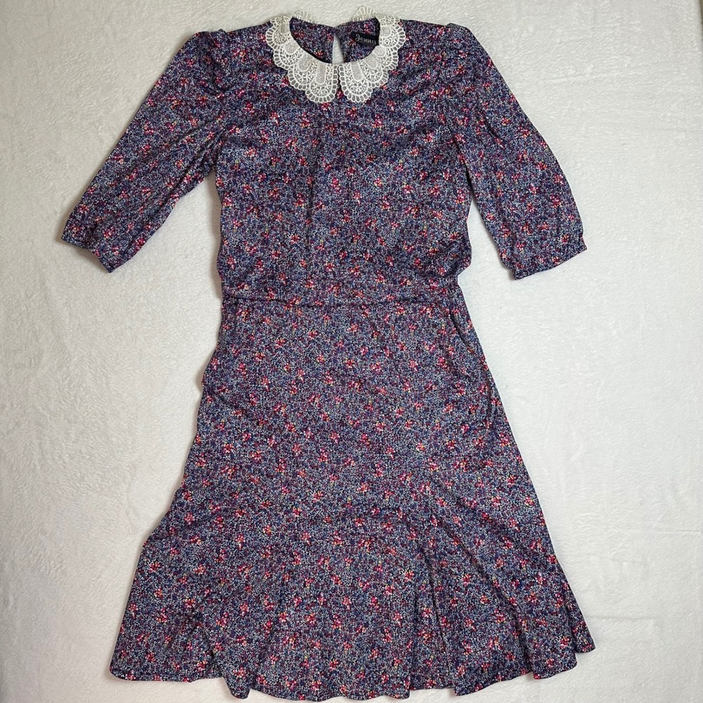 VTG Jenny Floral Dress Lace Collar 80s 90s Made in USA Midi Cottagecore Modest M